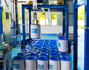 Automatic winding film labeling and palletizing production line